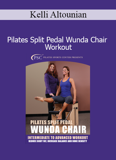 Kelli Altounian demonstrating a Pilates Split Pedal Wunda Chair workout for strength, balance, and core control